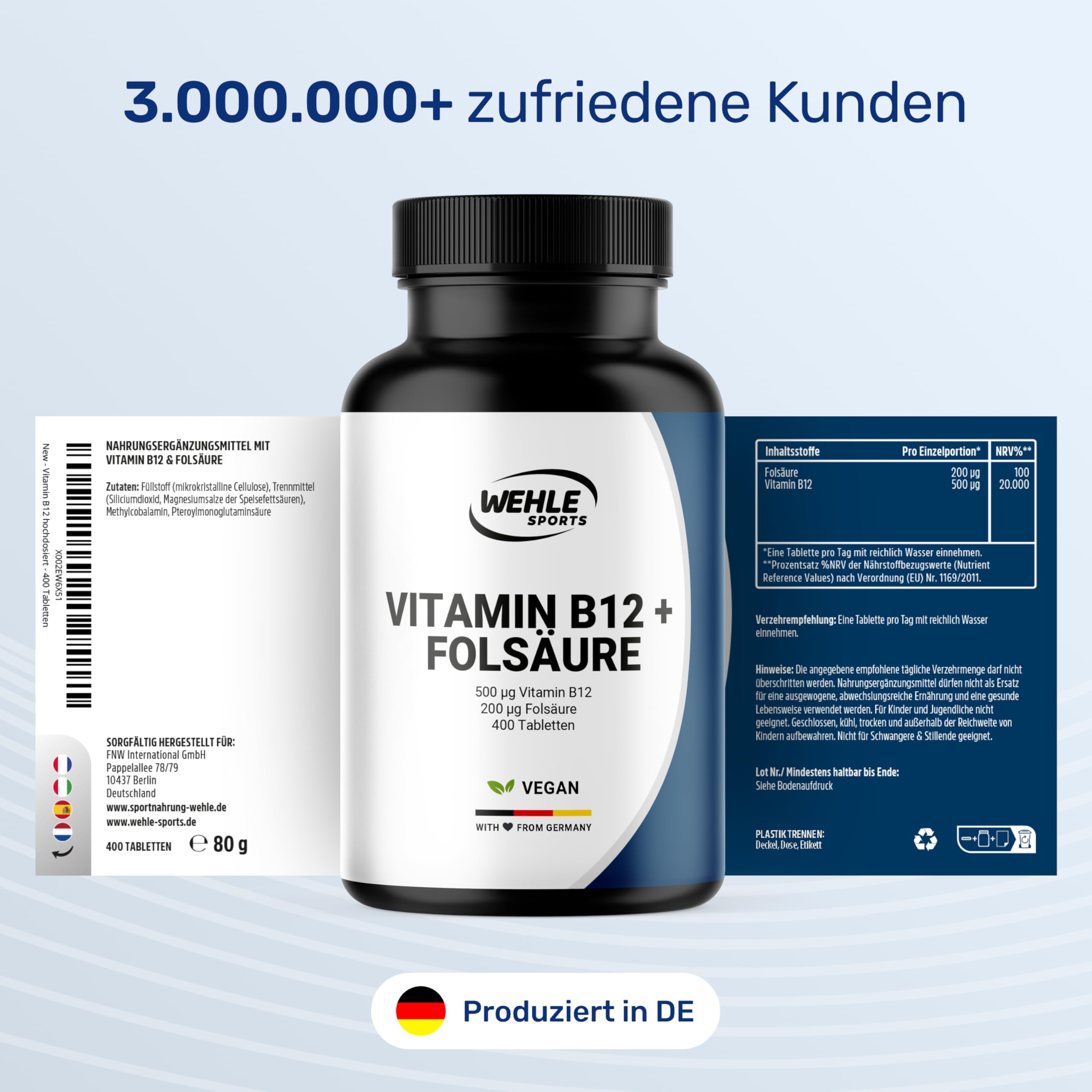 Vitamin B12 hochdosiert - 400 Tabletten mit 500µg Vit B12 + 200µg Folsäure - zer Bild 5