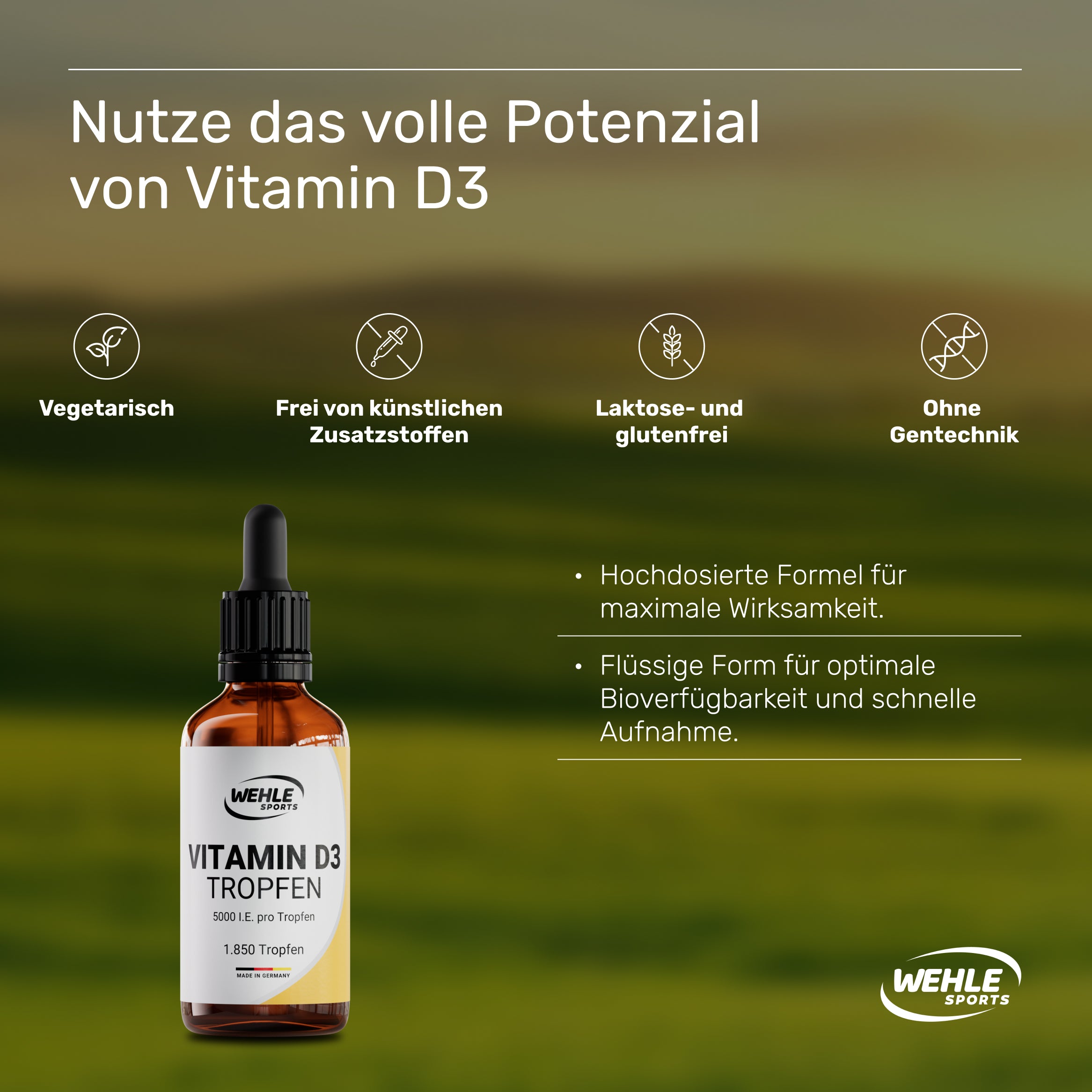 Wehle Sports Vitamin D3 5000 IE pro Tropfen hochdosiert - 50ml