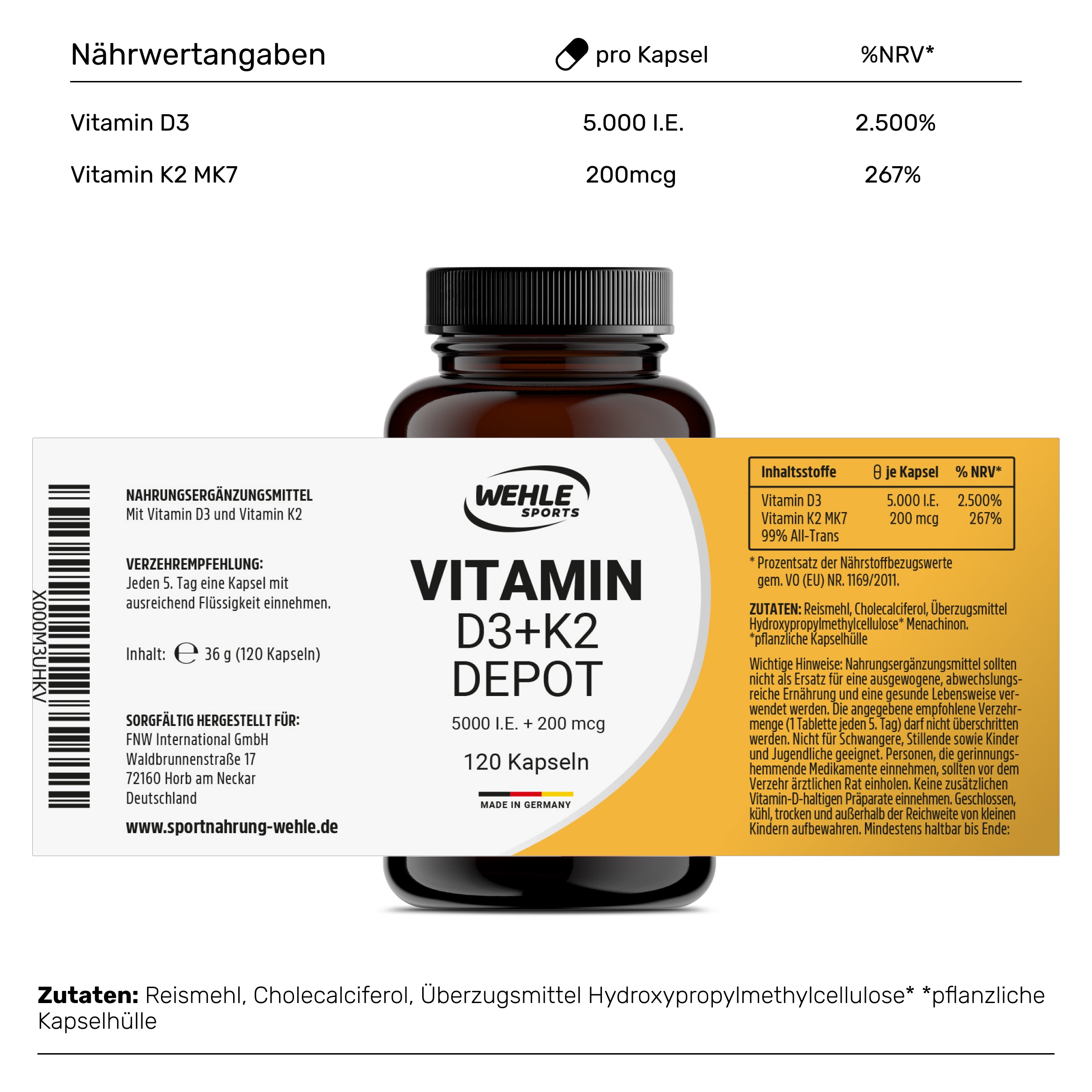 Wehle Sports Vitamin D3 5000 I.E + Vitamin K2 200mcg