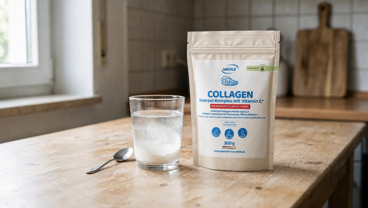 Wehle Knorpel Komplex Forte auf dem Küchentisch neben einem Glas Wasser mit aufgelöstem Kollagen