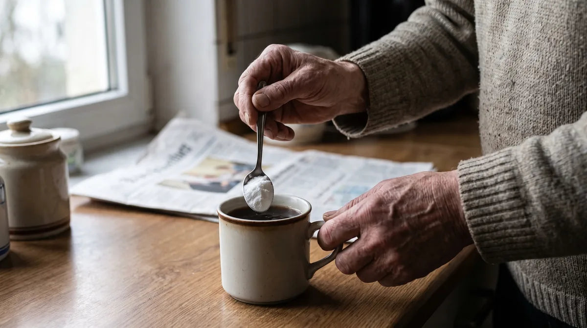 Ältere Hände rühren einen Löffel Kollagenpulver in den Morgenkaffee