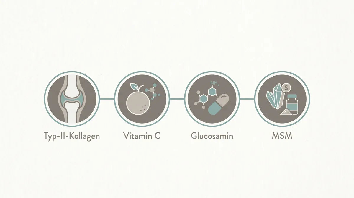 Die vier Bausteine eines gesunden Gelenks: Typ-II-Kollagen, Vitamin C, Glucosamin, MSM