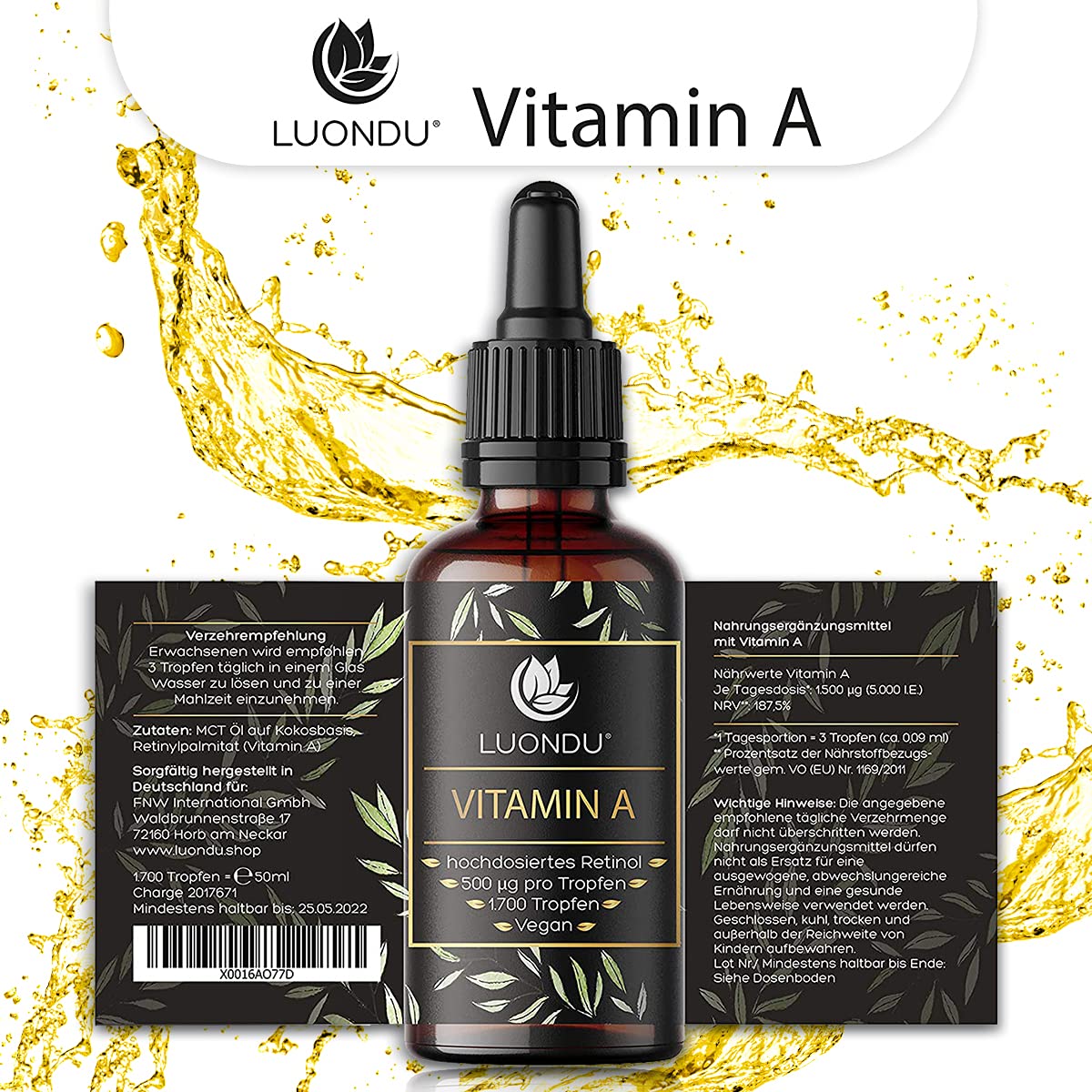 Luondu Vitamin A Tropfen hochdosiert 5000 I.E 1500µg pro Tagesdosis 50ml (1700 T Bild 6