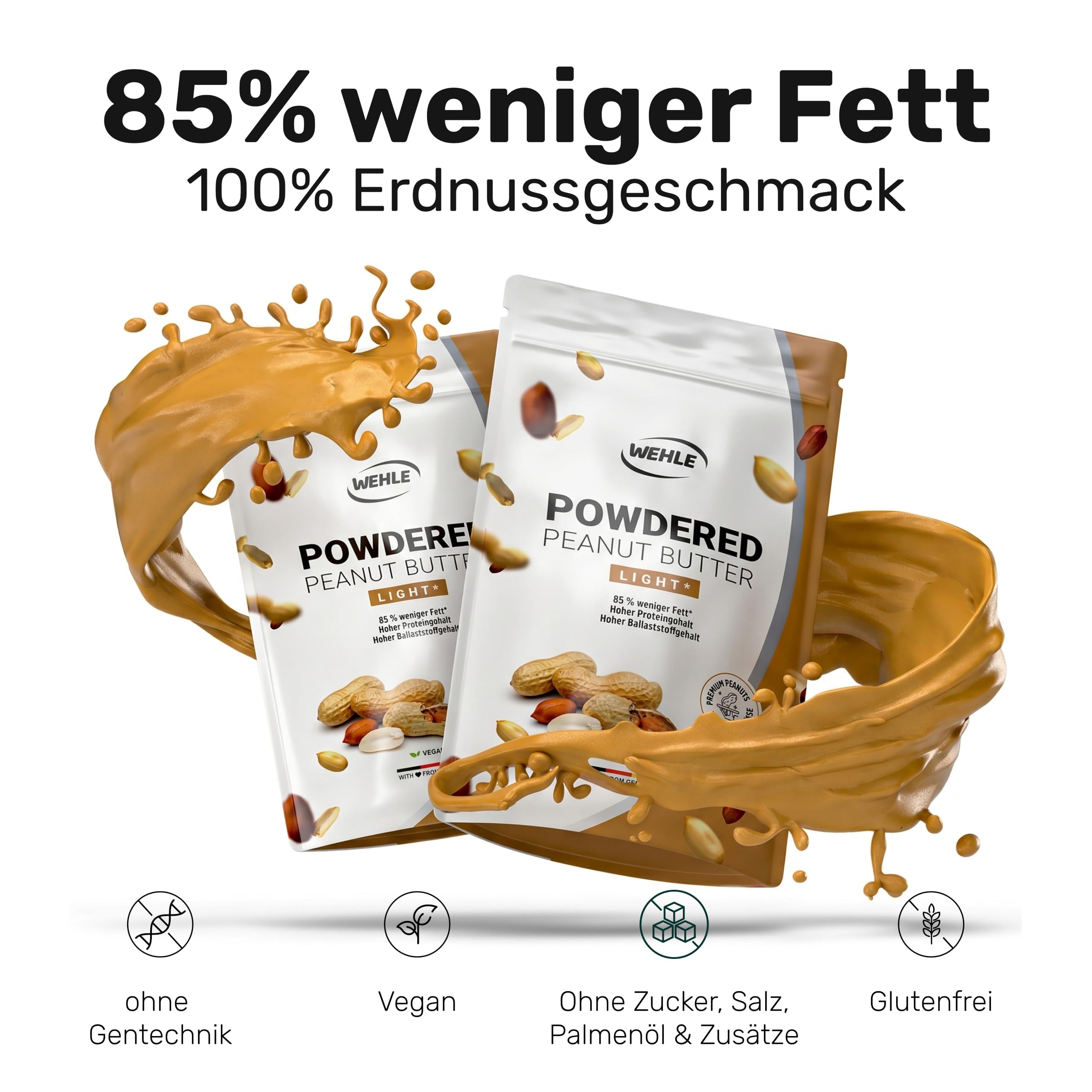 Erdnussbutter light Pulver 1 kg / 1000 g - Powdered Peanut Butter 85% weniger Fe Bild 2