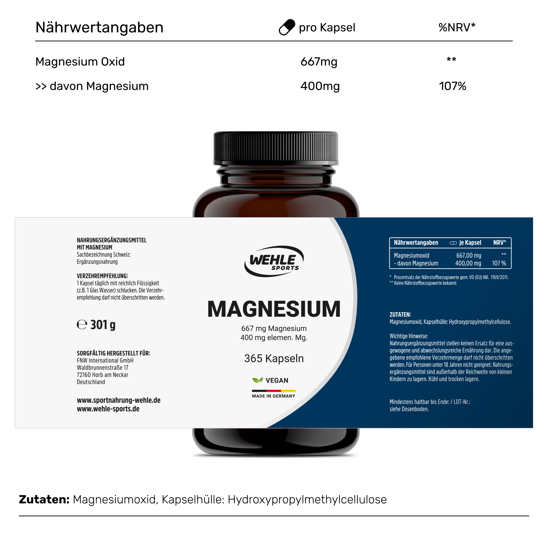 Magnesium 400mg Kapseln hochdosiert 667mg je Kapsel  - 365 Kapseln