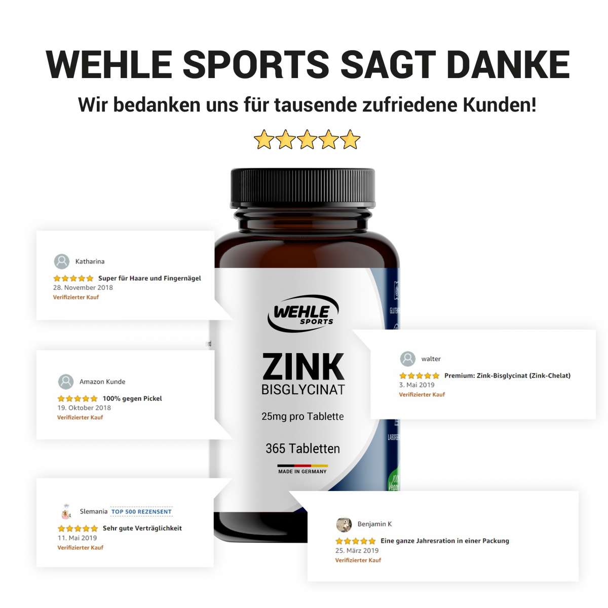 Wehle Sports Zink Tabletten Zink-Bisglycinat (Zink Chelat) - 365 Stück