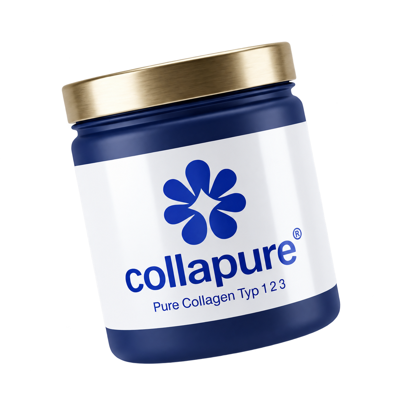 CollaPure®-Rohstoff in einer blauen Dose mit goldenem Deckel