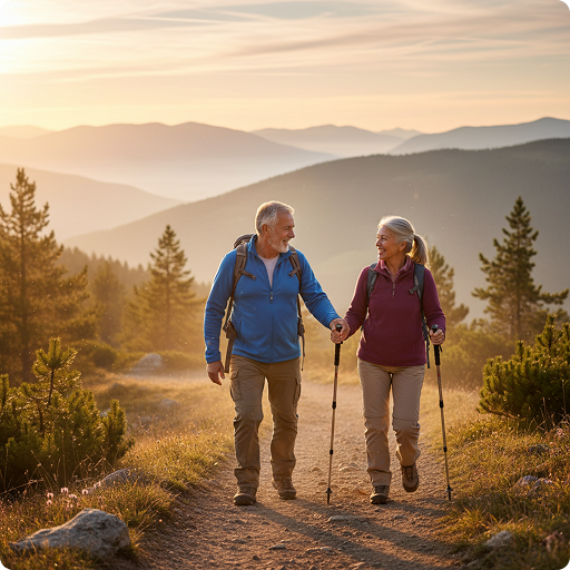 Ein älteres Paar wandert mit Wanderstöcken auf einem Bergweg im Morgenlicht.