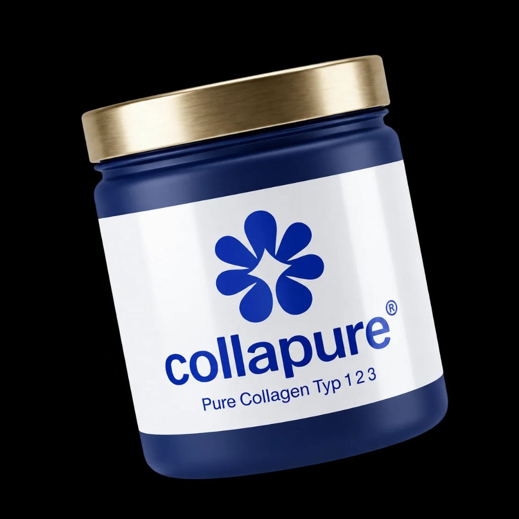 CollaPure®-Rohstoff in einer blauen Dose mit goldenem Deckel