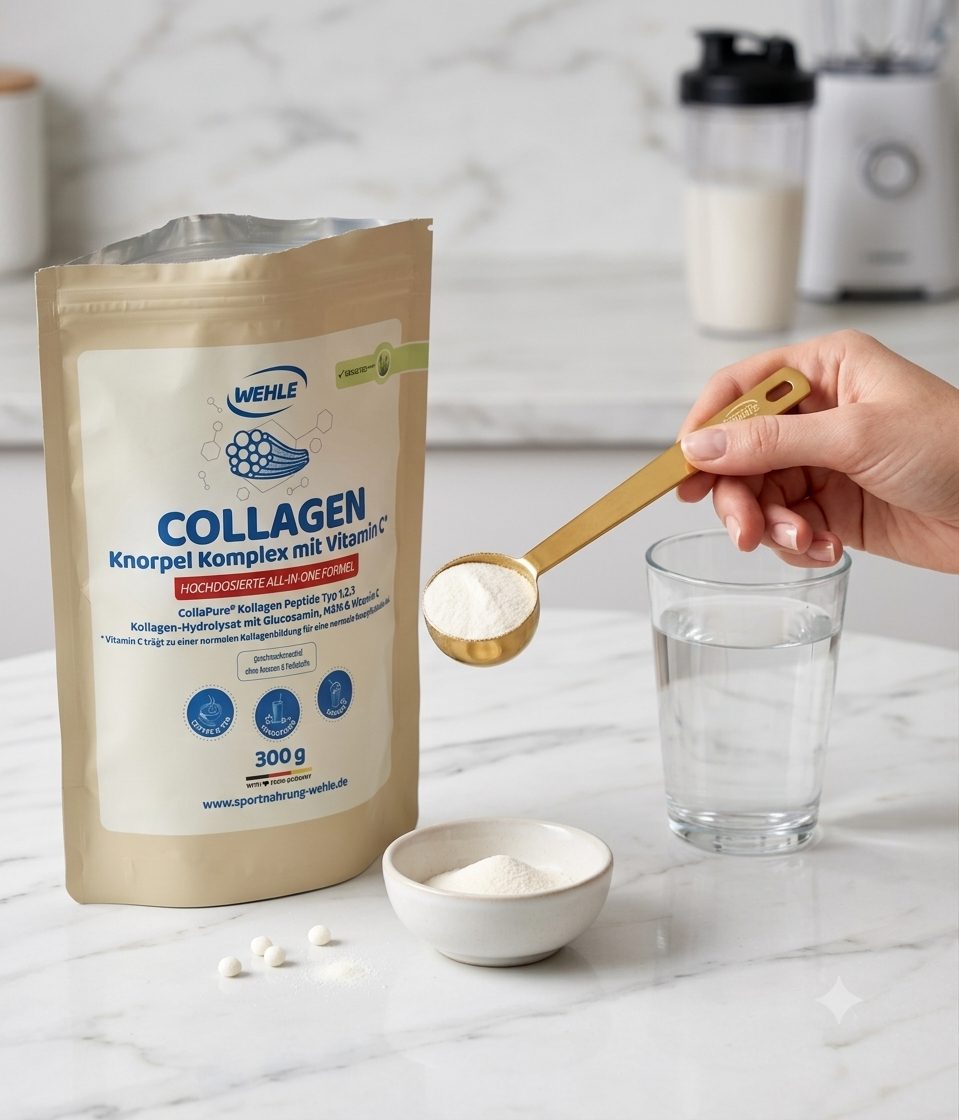 Wehle Collagen Knorpel Komplex – Forte 300 g pouch with the gold Wehle measuring spoon and a prepared glass; the Wehle shaker and mixer stand behind.