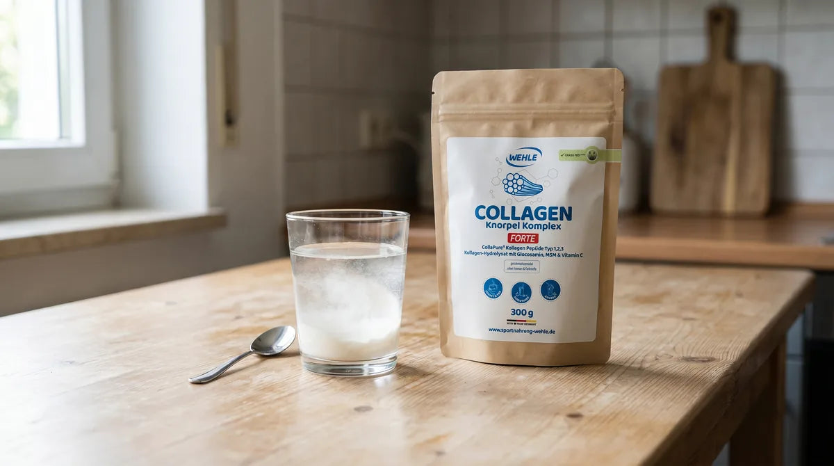 Knorpel Komplex und ein vorbereitetes Glas Wasser auf einem Küchentisch